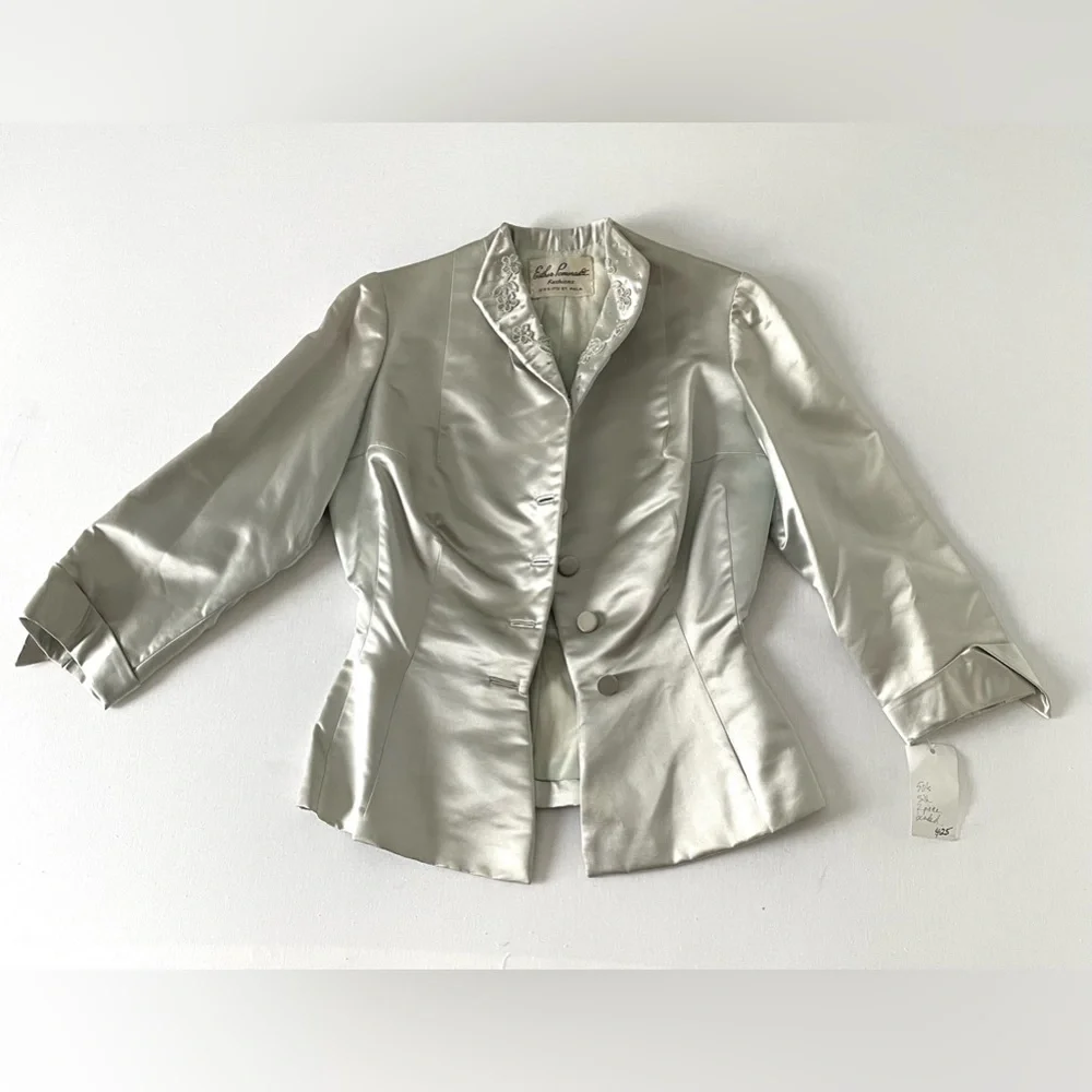 Vintage Silk Beaded Button Long Sleeve Blazer Esther Pomerantz Blue Silver Small - Picture 3 of 15